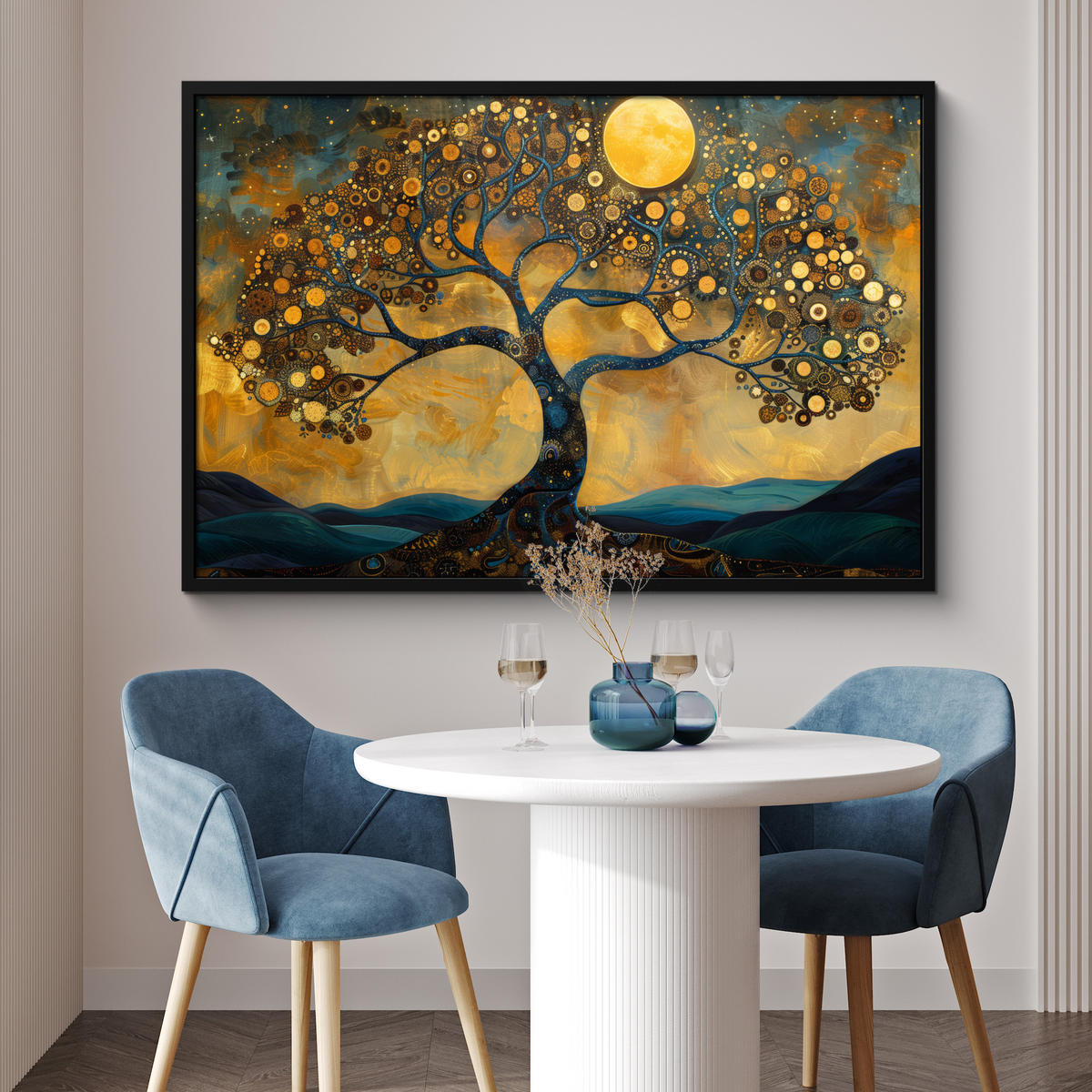 POSTER MIT RAHMENGERAHMTES BILD Baum - Mond - Blumen - Gold - Kunst 120x80 cm - Orange, Papier (120/80cm) - MuchoWow