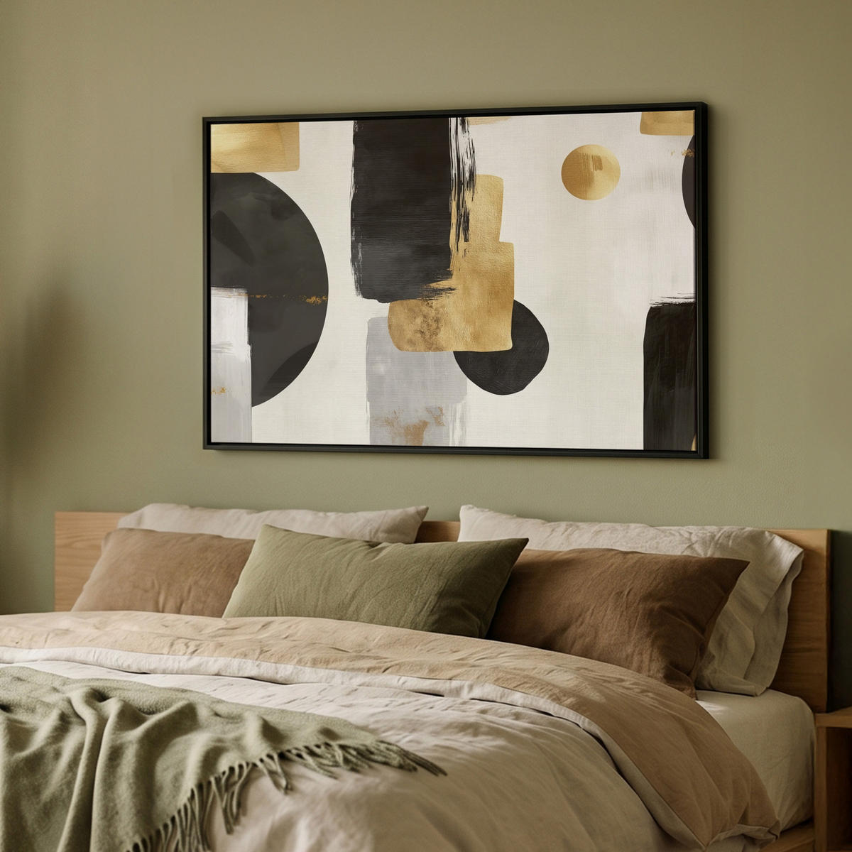 LEINWAND Bilder mit Rahmen - Gold - Rechtecke - Kreise - Abstrakt - 90x60 - Weiß, Textil (90/60cm) - MuchoWow
