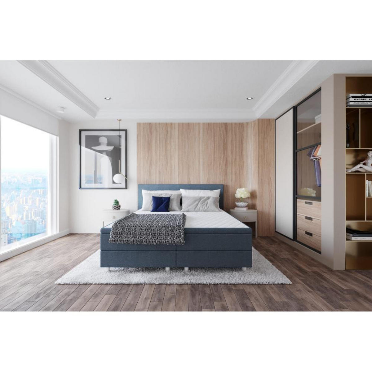 BOXBETT, Polsterbett Sawana mit Bonellfederkern-Matratze und Topper Schlafzimmer - Dunkelblau, Holz/Holzwerkstoff (140/200cm) - Best For Home