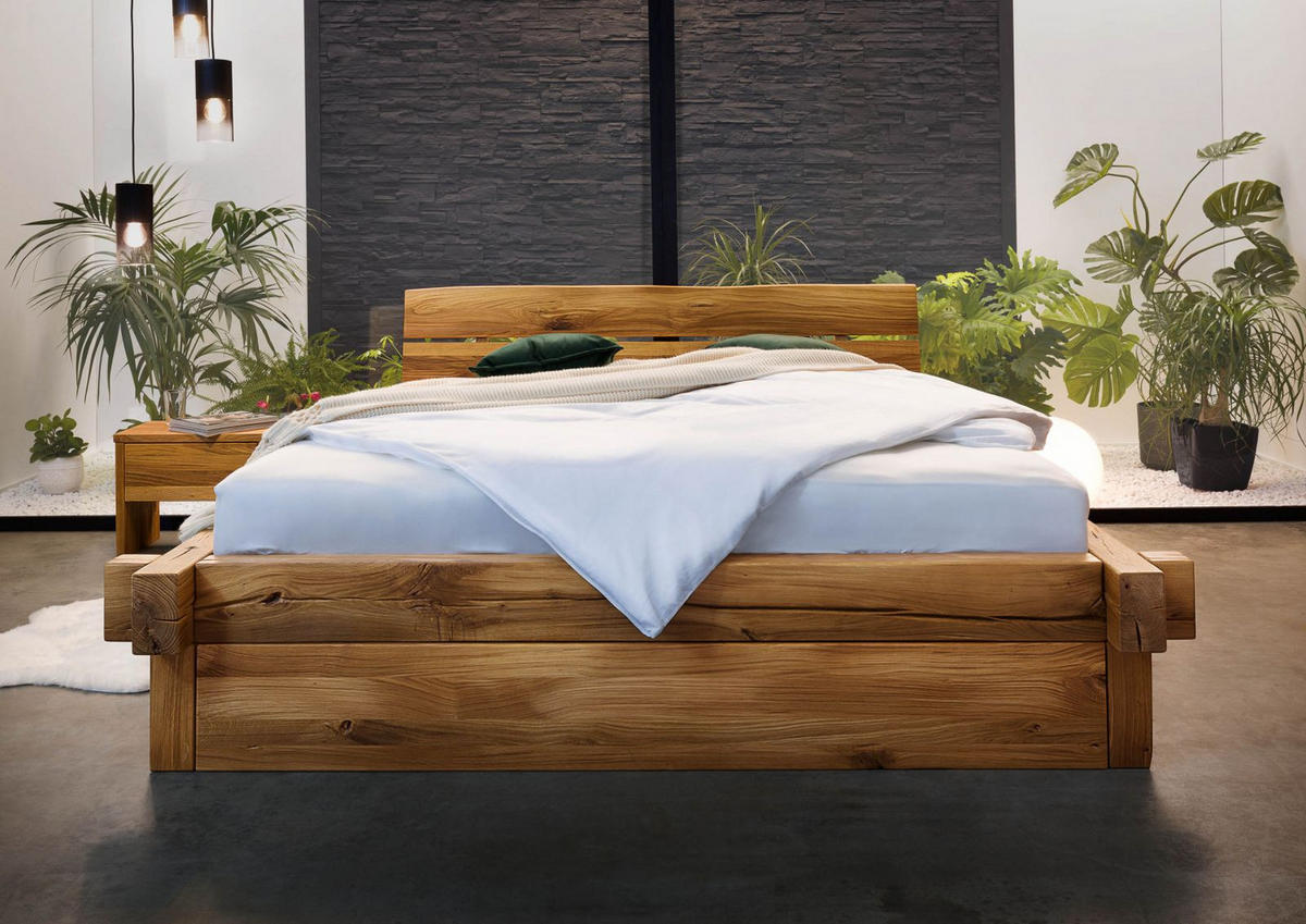 BETT mit Schublade Massivholz Wildeiche 200 x 200 x 85 natur BALKENMÖBEL #127 - Naturfarben, Holz (200/200cm) - Massivmoebel24