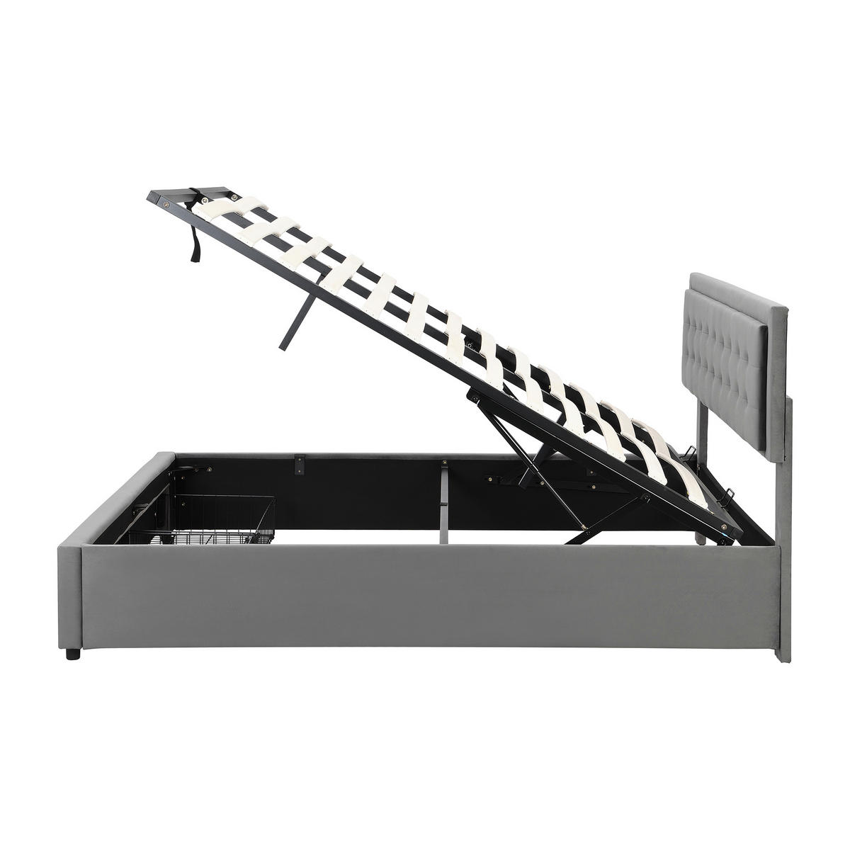 POLSTERBETT 160/200 cm Grau mit großer Stauraum und höhenverstellbarem Kopfteil - Grau, Textil (160/200cm) - OKWISH