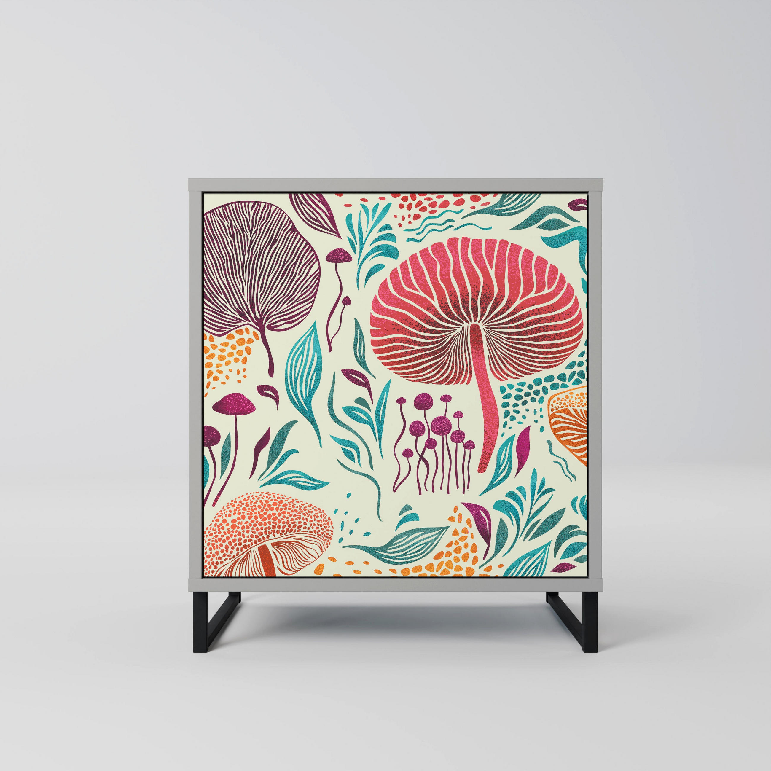 SIDEBOARD FUNGUS FANTASY, Grau, 57,5x42x67,5 cm, Schwarze Metall-Rahmenfüße - Multicolor/Schwarz, Holzwerkstoff/Metall (57.5/67.5/42cm) - SpaceRebels