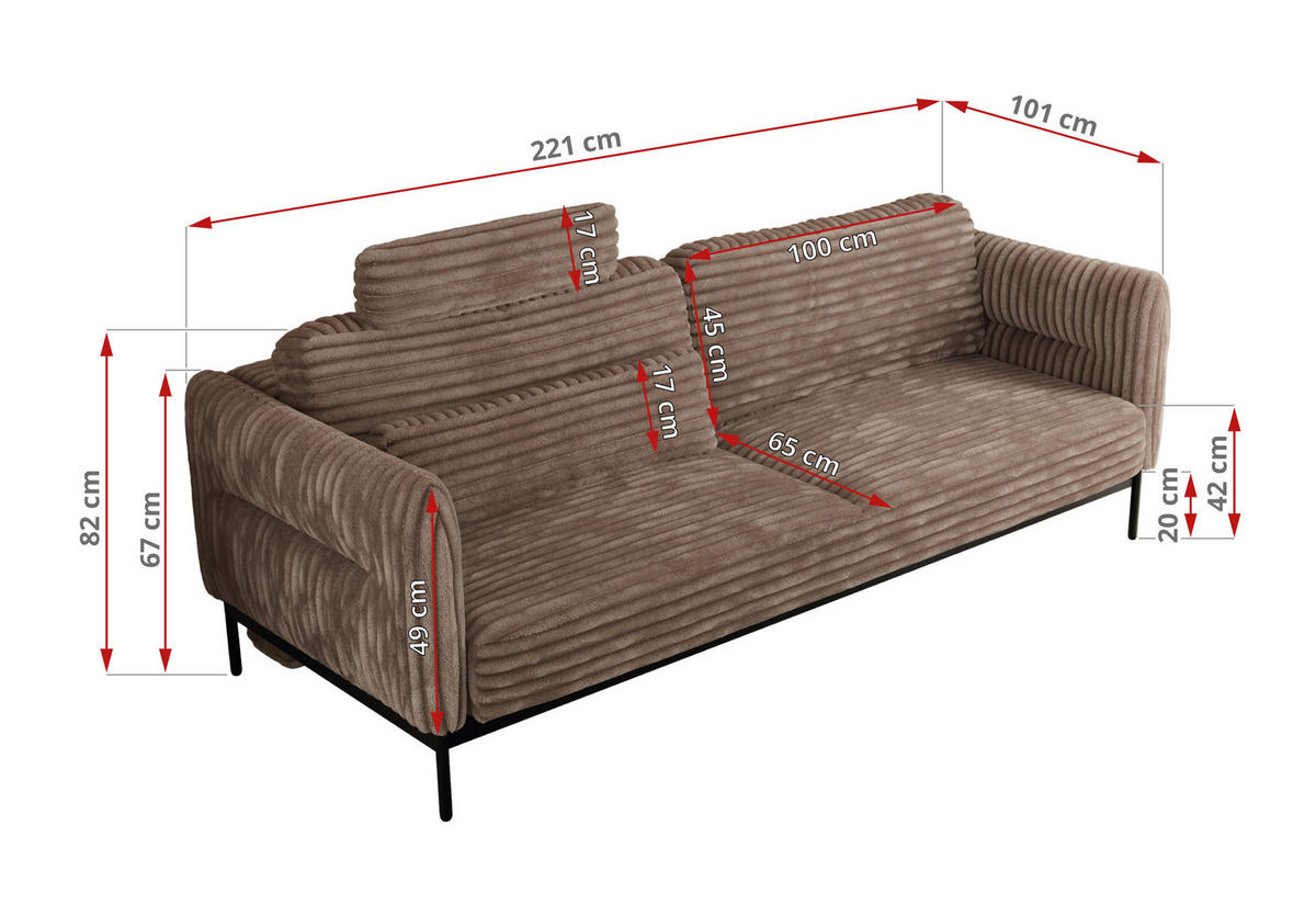 SOFA SALENTO Braun Cord - Schwarz/Braun, Textil/Metall (221/82/101cm) - MKS