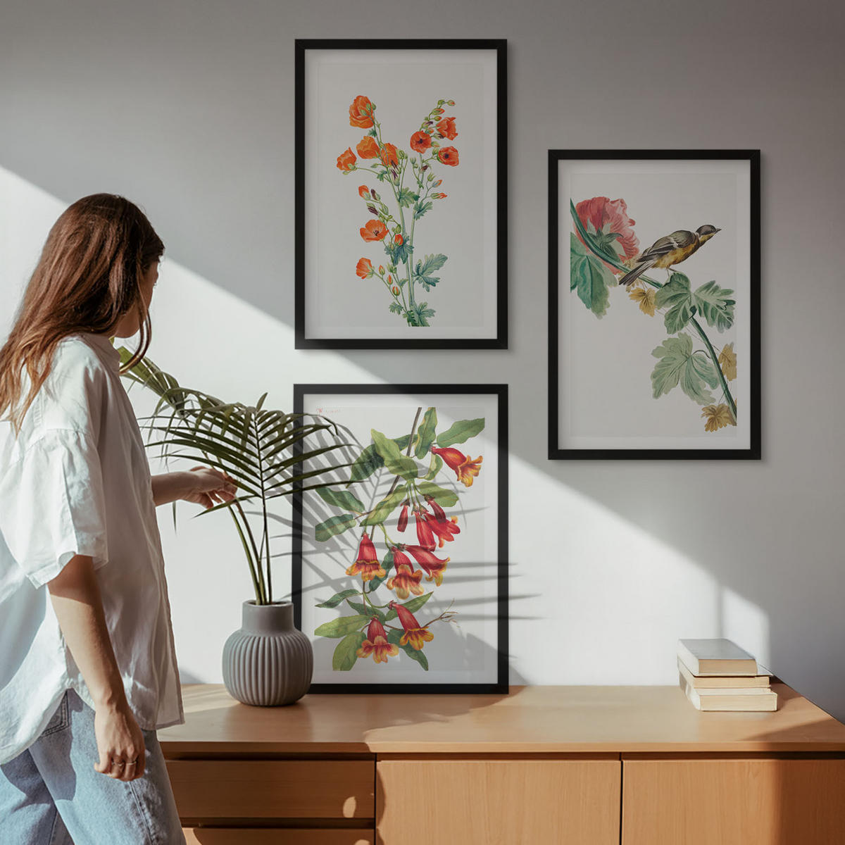 BILDER SET 3er Set - 40x60 cm Schwarzer Rahmen - Gemalte Blumen und ein Vogel - Schwarz, Kunststoff (40/60cm) - TULUP