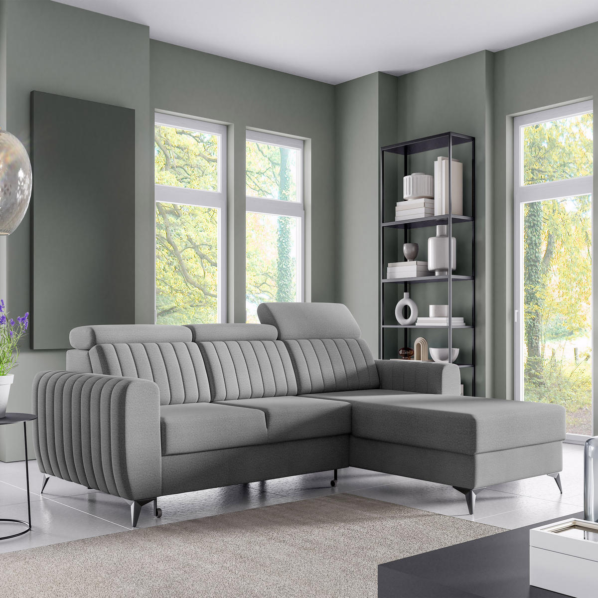 ECKSCHLAFSOFA Connor I verstellbare Kopfstützen, Grau - Schwarz/Grau, Textil (238/176cm) - Beautysofa