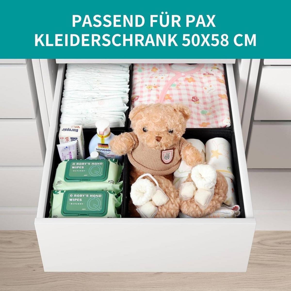 SCHUBLADEN Organizer 4er Set Schwarz für PAX Kleiderschrank 50x58 cm - Schwarz, Textil (28/12/28cm)