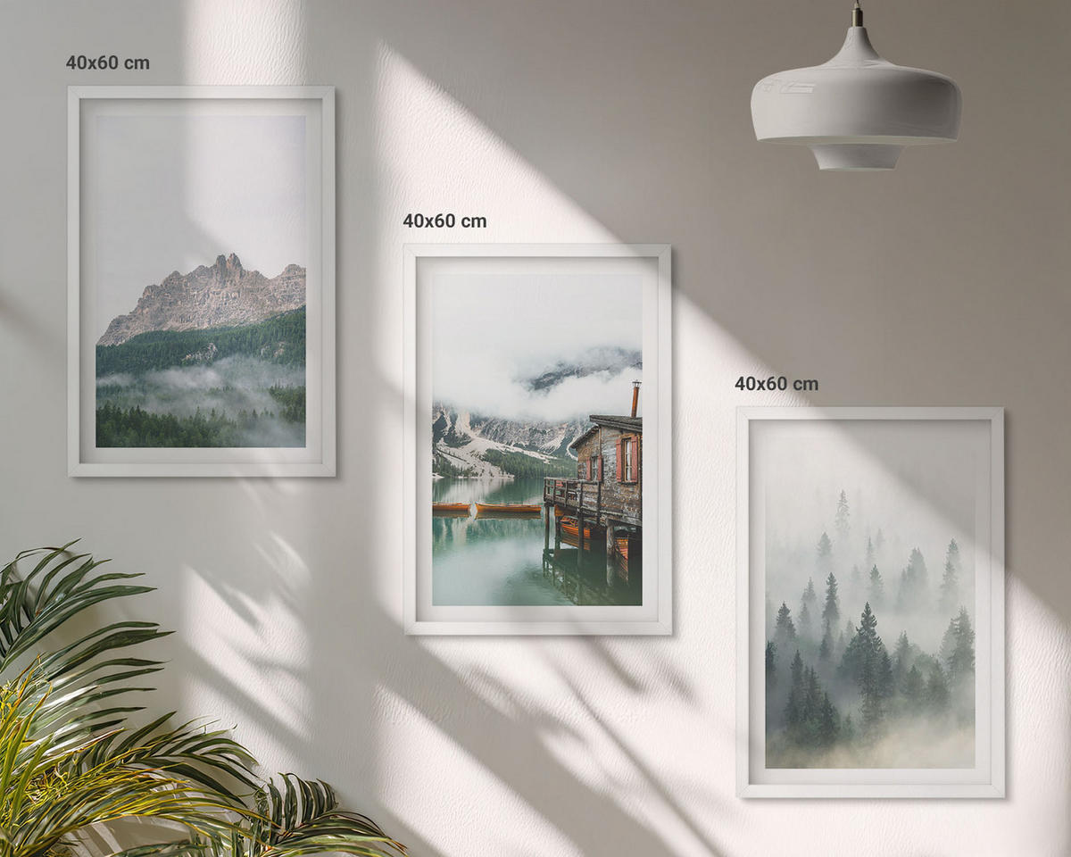 WANDBILDER 3er-Set - 40x60 cm Weißer Rahmen - Berge, See, Hütte, Nebel - Weiß, Kunststoff (40/60cm) - ArtPrintCave
