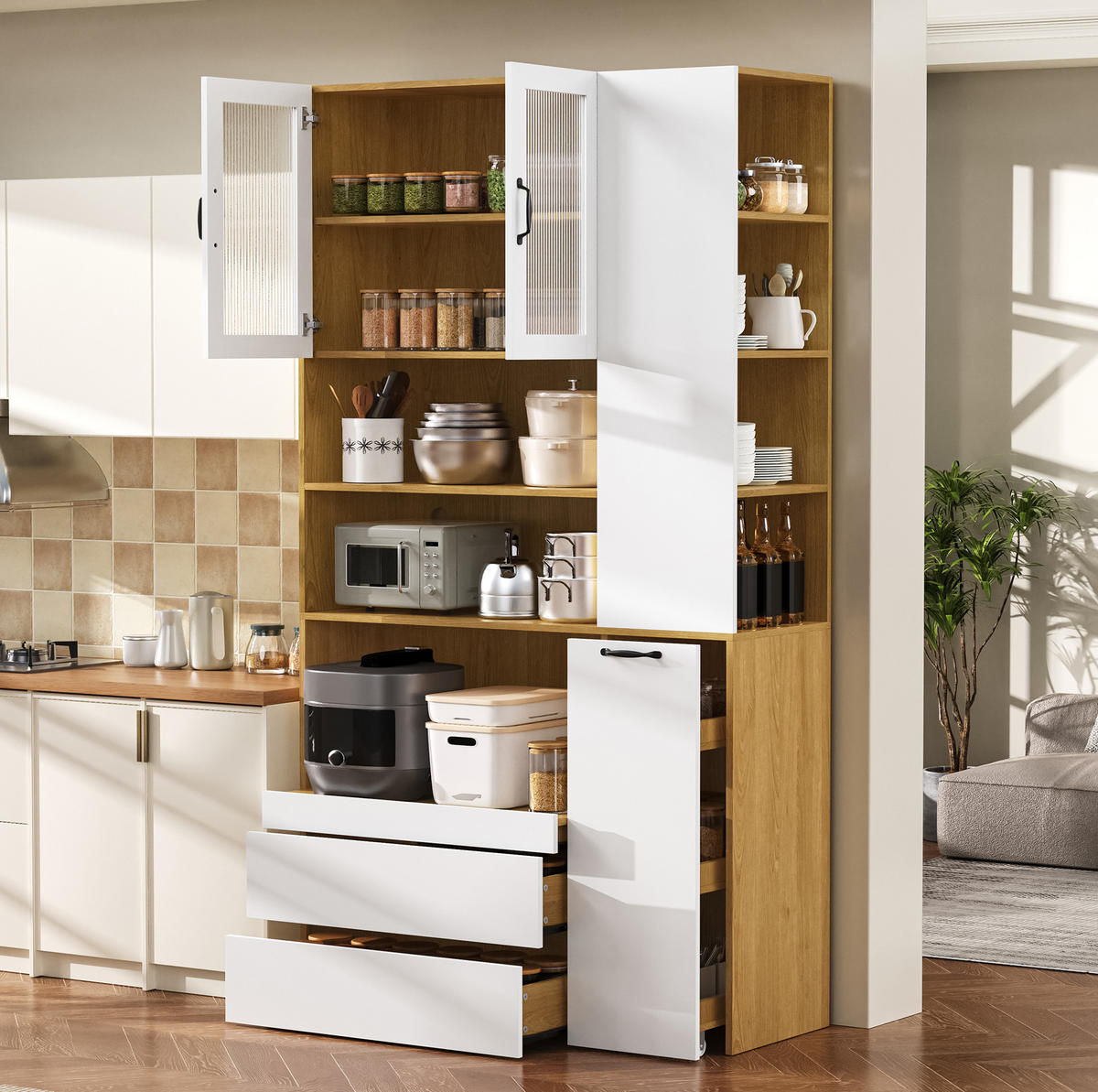 HIGHBOARD 100/200/40 cm Weiß/Natur aus MDF mit Riffelglas - Weiß, Holzwerkstoff (40/200/100cm) - OKMYHOME