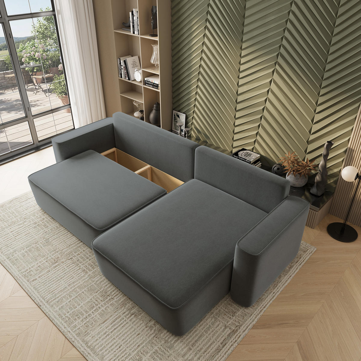 ECKSOFA BELARO CL Grau Samtstoff mit Schlaffunktion - Grau, Holzwerkstoff/Textil (280/162cm) - MASSENO