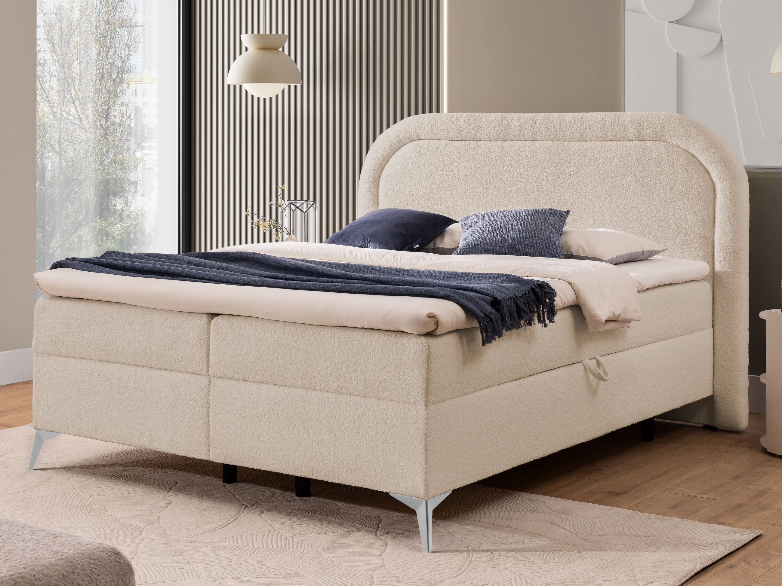 BOXBETT Sonna 160/200 cm Hellbeige Bouclé-Stoff mit abgerundetem Kopfteil und mit silbernen Metallfüßen - Beige/Silberfarben, Holz/Textil (160/200cm) - S-Style Möbel