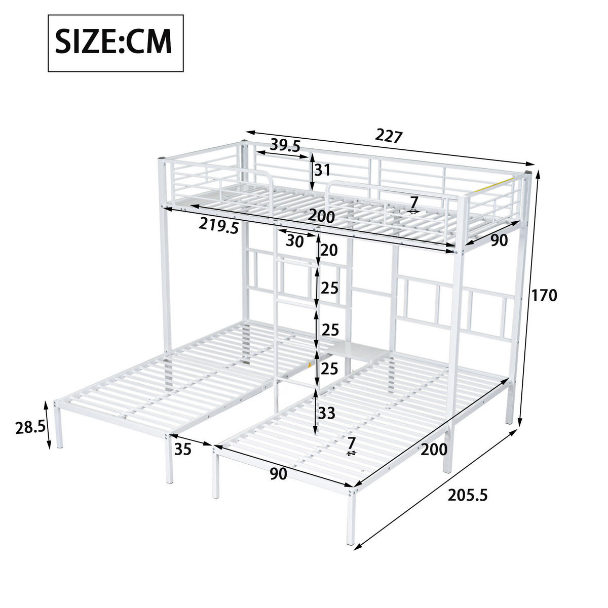 ETAGENBETT 90/200 cm für 3 Personen mit Leiter, Ablage und Tisch, Weiß - Weiß, Metall (90/200cm) - Redom