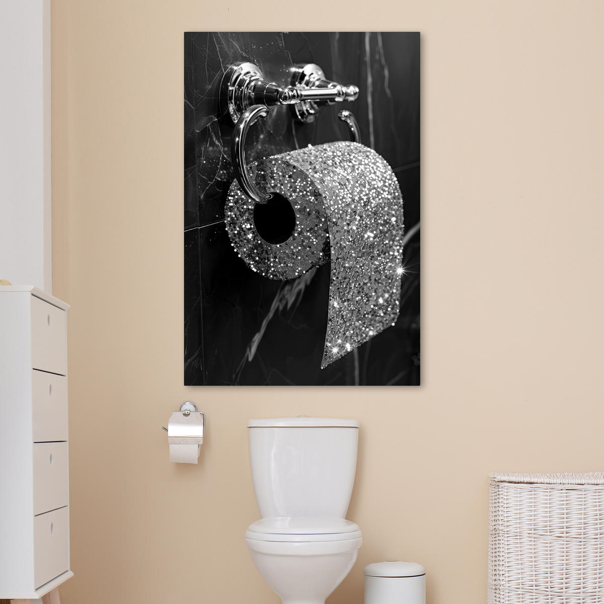 LEINWANDBILD WC - Toilettenpapier - Schwarz und weiß - Glitter 80x120 cm - Silberfarben, Textil (80/120cm) - MuchoWow