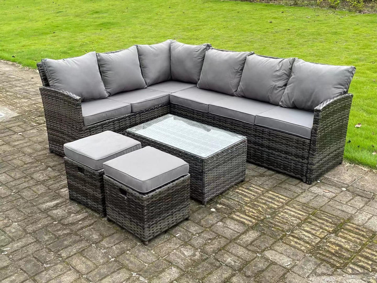 GARTENMÖBEL SET mit Länglicher Couchtisch Polyrattan Dunkelgrau 8-Sitzer - Dunkelgrau/Grau, Glas/Kunststoff - Fimous