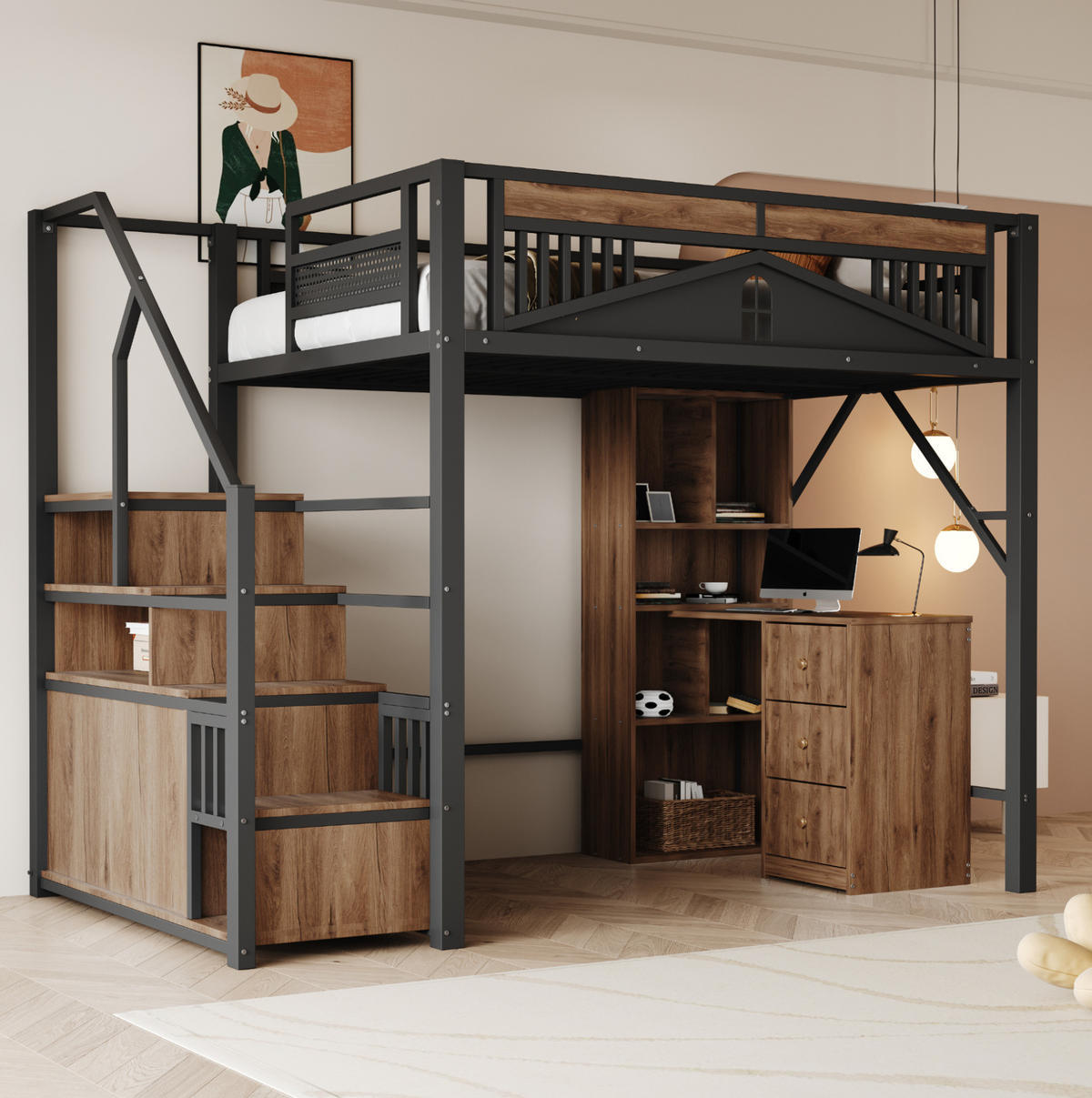 HOCHBETT 140/200 cm aus Metall und Holz mit Stauraumtreppe und Sicherheitszaun Schwarz - Schwarz, Metall (140/200cm) - Modenvie