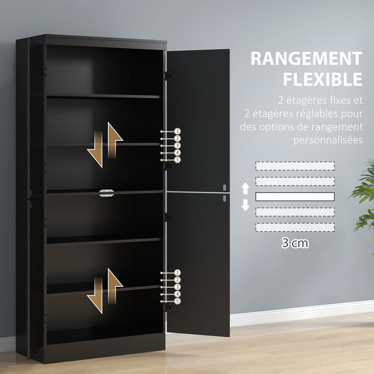HIGHBOARD DE-11215 4 Türen & 6 Ebenen mit verstellbaren Böden Schwarz - Schwarz, Holzwerkstoff (40/176.7/76cm) - ComfortXL
