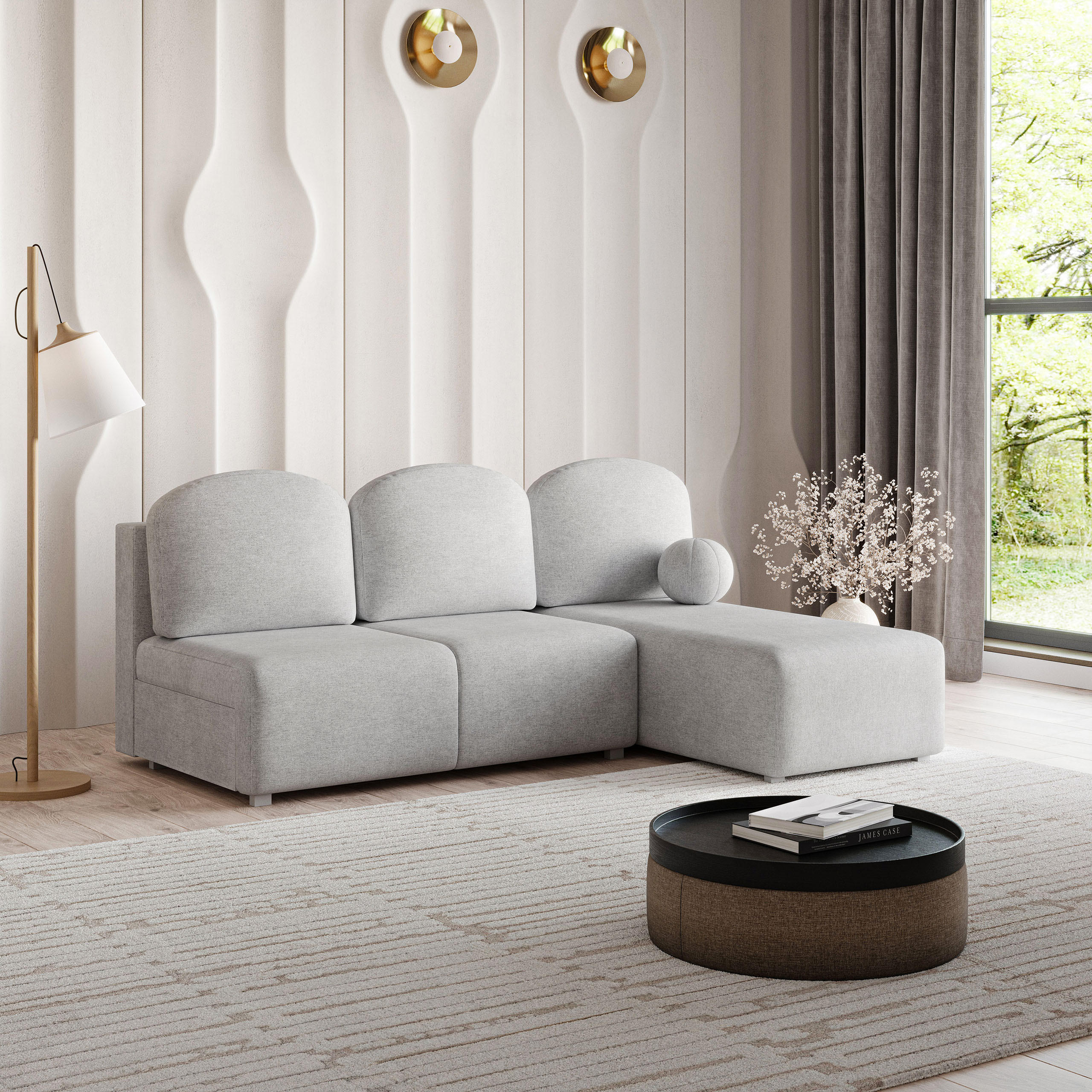 ECKSOFA TRAMA Hellgrau Geflochtener Stoff mit Schlaffunktion - Hellgrau, Holz (200/143cm) - MASSENO