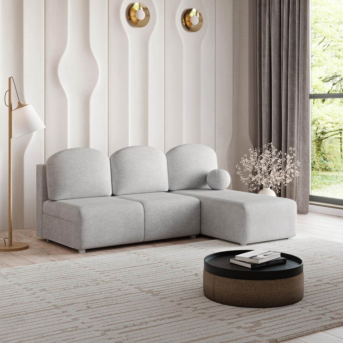 ECKSOFA TRAMA Hellgrau Geflochtener Stoff mit Schlaffunktion - Hellgrau, Holz (200/143cm) - MASSENO