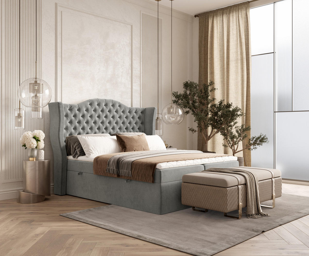 BOXBETT Royal Grau 160/200 cm im Samtstoff - Schwarz/Grau, Holz/Holzwerkstoff (160/200cm) - Maison de Reve