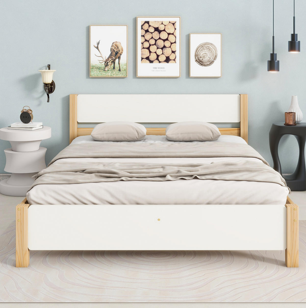 RÁMOVÁ posteľ z masívneho dreva a MDF, 140/200 cm, biela/prírodná - prírodná farba, drevo (140/200cm) - BEAOK