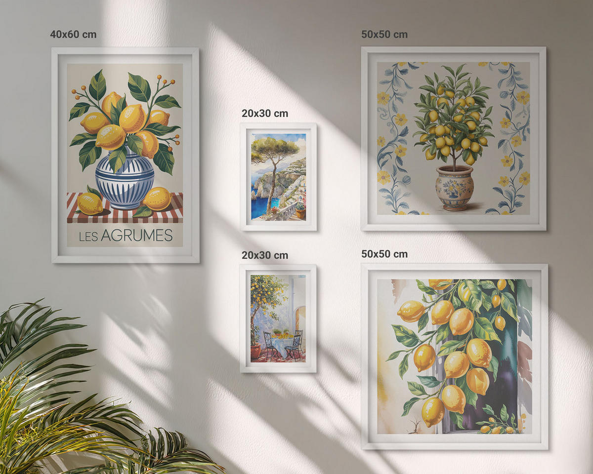 WANDBILDER 5er-Set - 50x50 cm & 20x30 cm & 40x60 cm Weißer Rahmen - Zitronenbäume am Meer - Weiß, Kunststoff (40/60cm) - ArtPrintCave