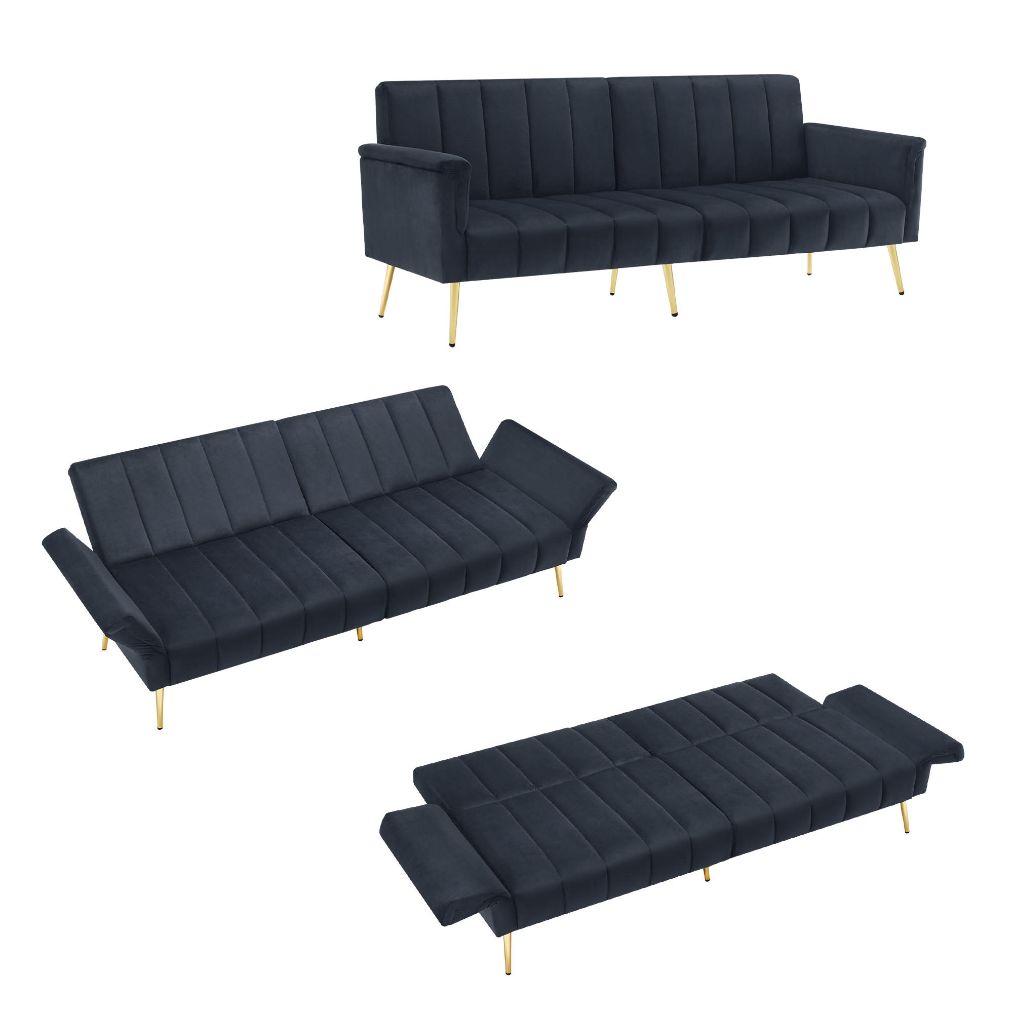 SCHLAFSOFA klappbar mit Hilfsfüßen und Samtstoff - Schwarz, Textil (183/75/76cm)