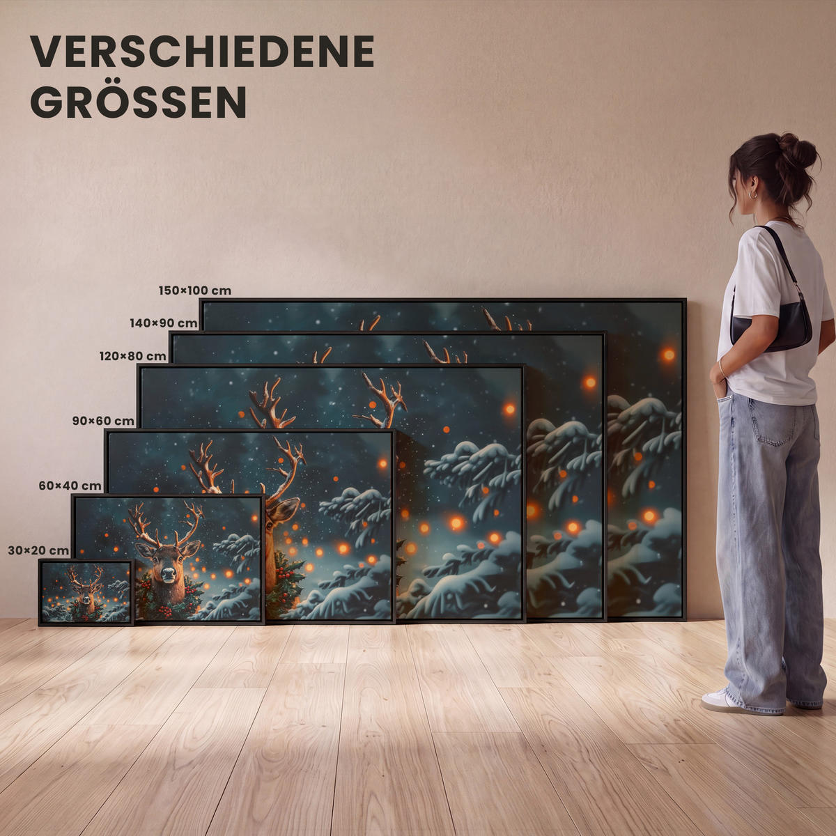 LEINWAND Bilder mit Rahmen - Hirsch - Weihnachten - Winter - Schnee - Weihnachtskranz - 120x80 - Dunkelbraun, Textil (120/80cm) - MuchoWow