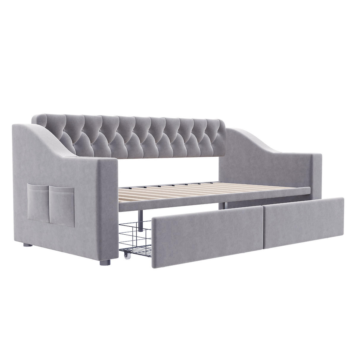 POLSTERBETT 90/190 cm Hellgrau mit Stauraum und Type-C-Anschlüssen aus Samt - Hellgrau, Textil (90/190cm) - OKWISH