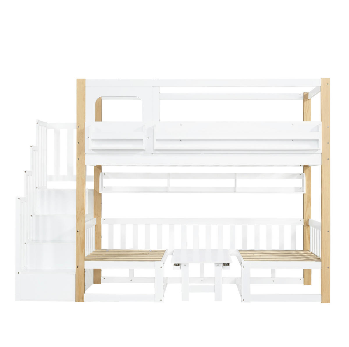 ETAGENBETT aus Kiefer und MDF 90x200 cm Weiß/Natur mit Klapptisch, Aufbewahrungstreppe und Bücherregal - Weiß, Holzwerkstoff (90/200cm) - Modfu