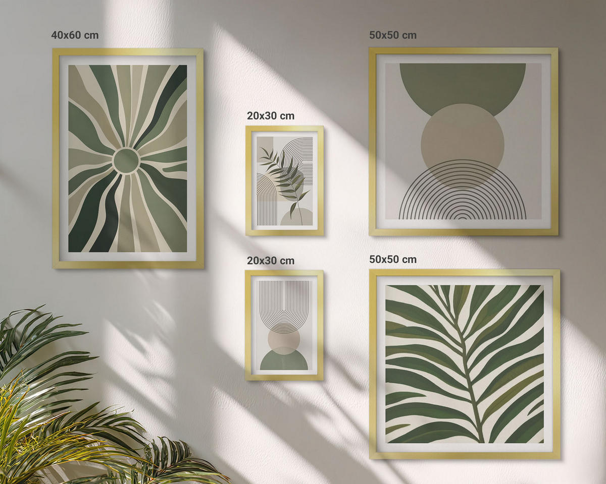 BILDER SET 5er Set - 50x50 cm & 20x30 cm & 40x60 cm Goldrahmen - Abstrakte Blätter im Boho-Stil - Goldfarben, Kunststoff (40/60cm) - TULUP
