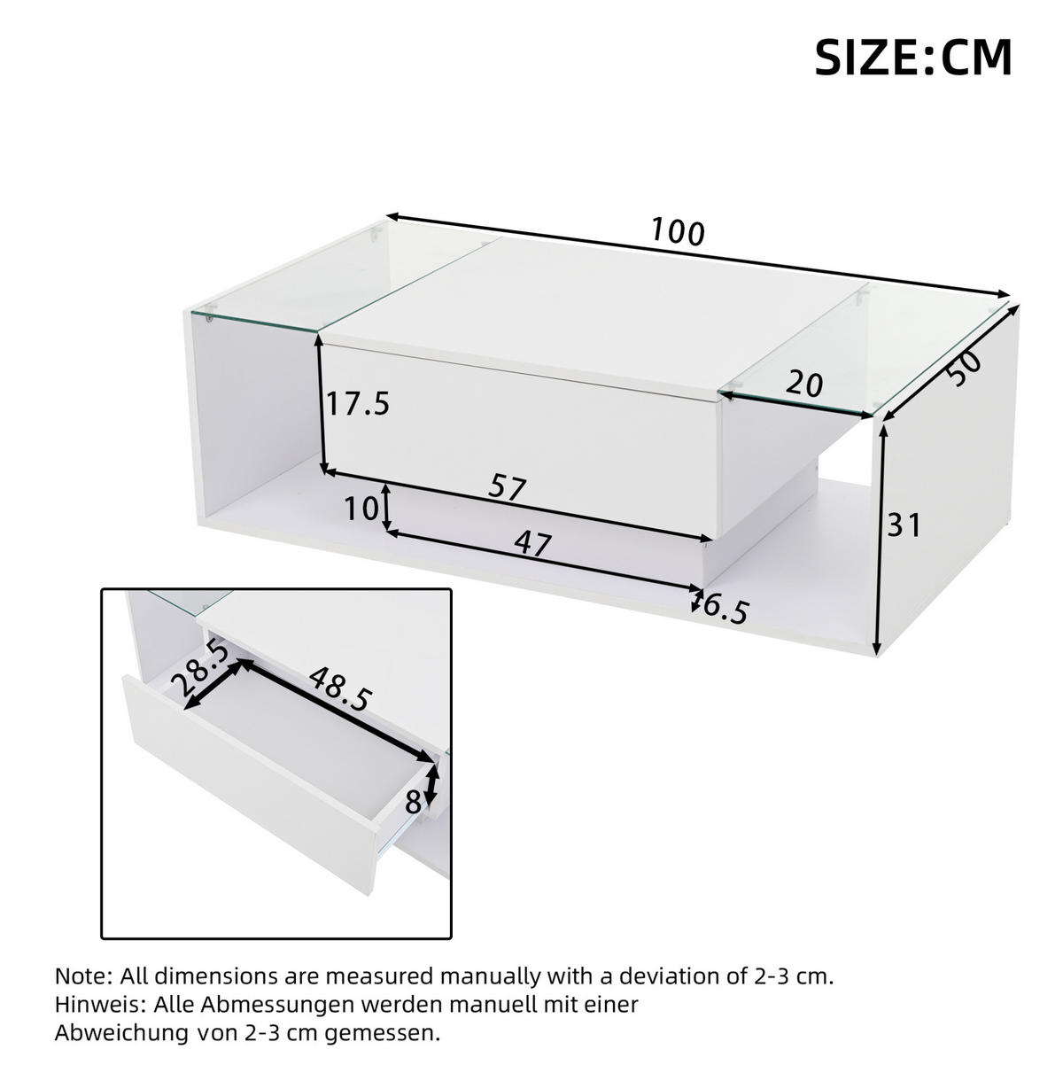 KONFERENČNÍ stolek 100/50/31 cm bílý z dřevotřísky a tvrzeného skla s LED a zásuvkou - bílá, kompozitní dřevo (100/50/31cm) - OKWISH