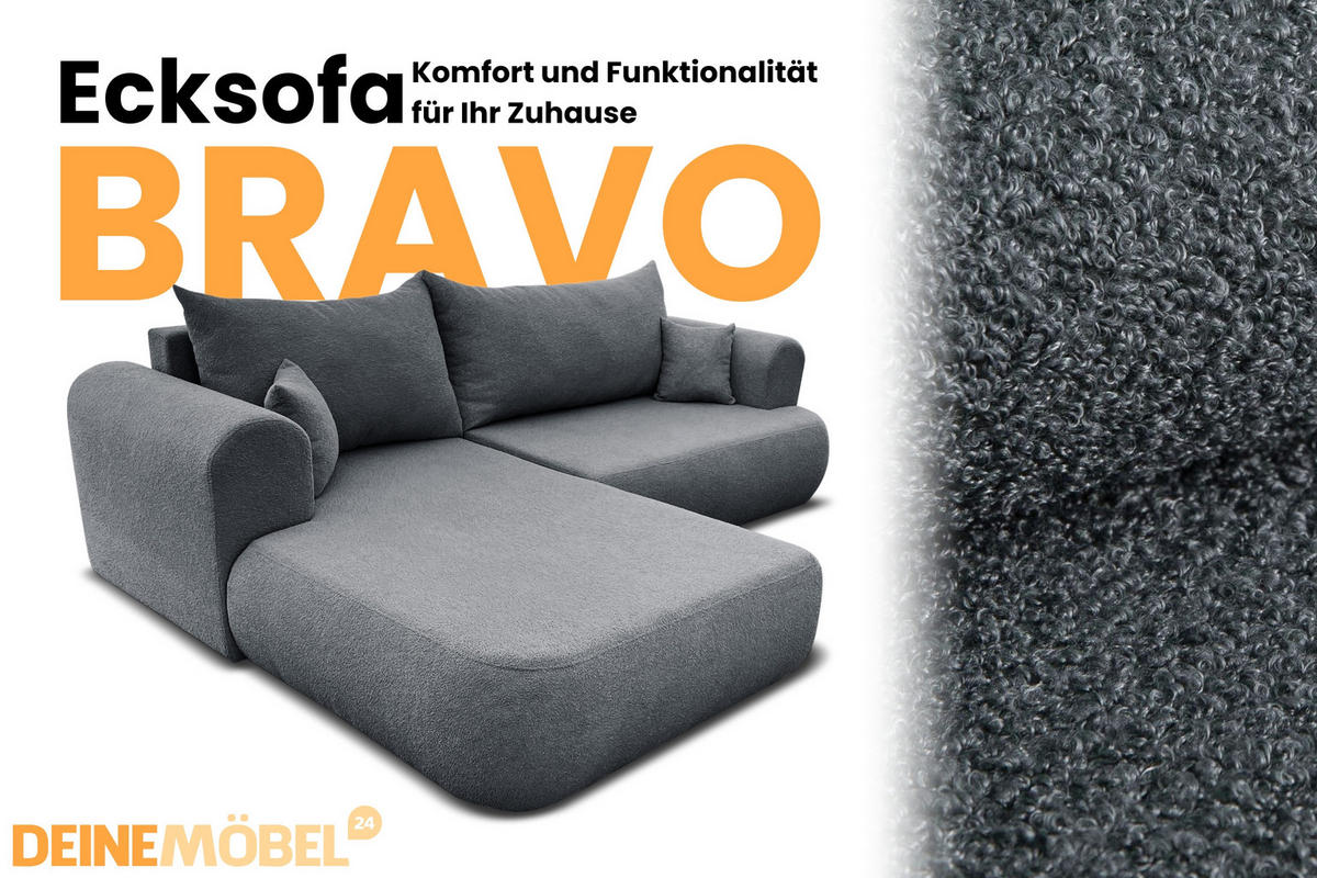 ECKSOFA BRAVO 280/180 in Bouclé Dunkelgrau links - Dunkelgrau, Holz/Holzwerkstoff (280/180cm) - Deine Möbel 24