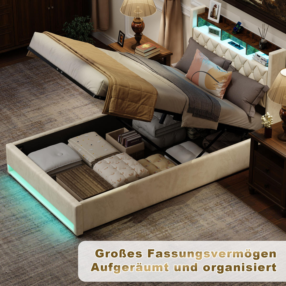 POLSTERBETT 140/200 cm in Beige Samt mit Bettkasten, LED-Beleuchtung und USB-Anschluss - Beige, Holzwerkstoff/Textil (140/200cm) - CHICFURN