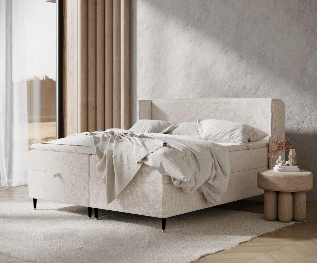 BOXBETT Monpelli Creme 180/200 cm mit Matratze und Topper - Creme/Schwarz, Holz/Holzwerkstoff (180/200cm) - Maison de Reve