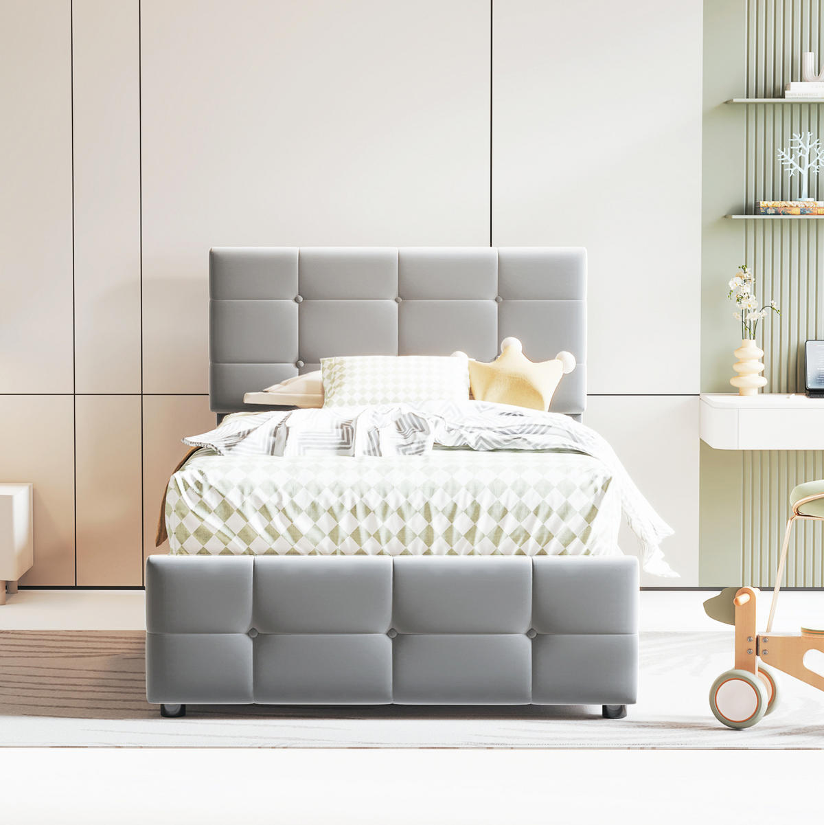 KINDERBETT 90/200 cm mit Stauraum und verstellbarem Kopfteil, Samt Grau - Grau, Textil (90/200cm) - BEAOK