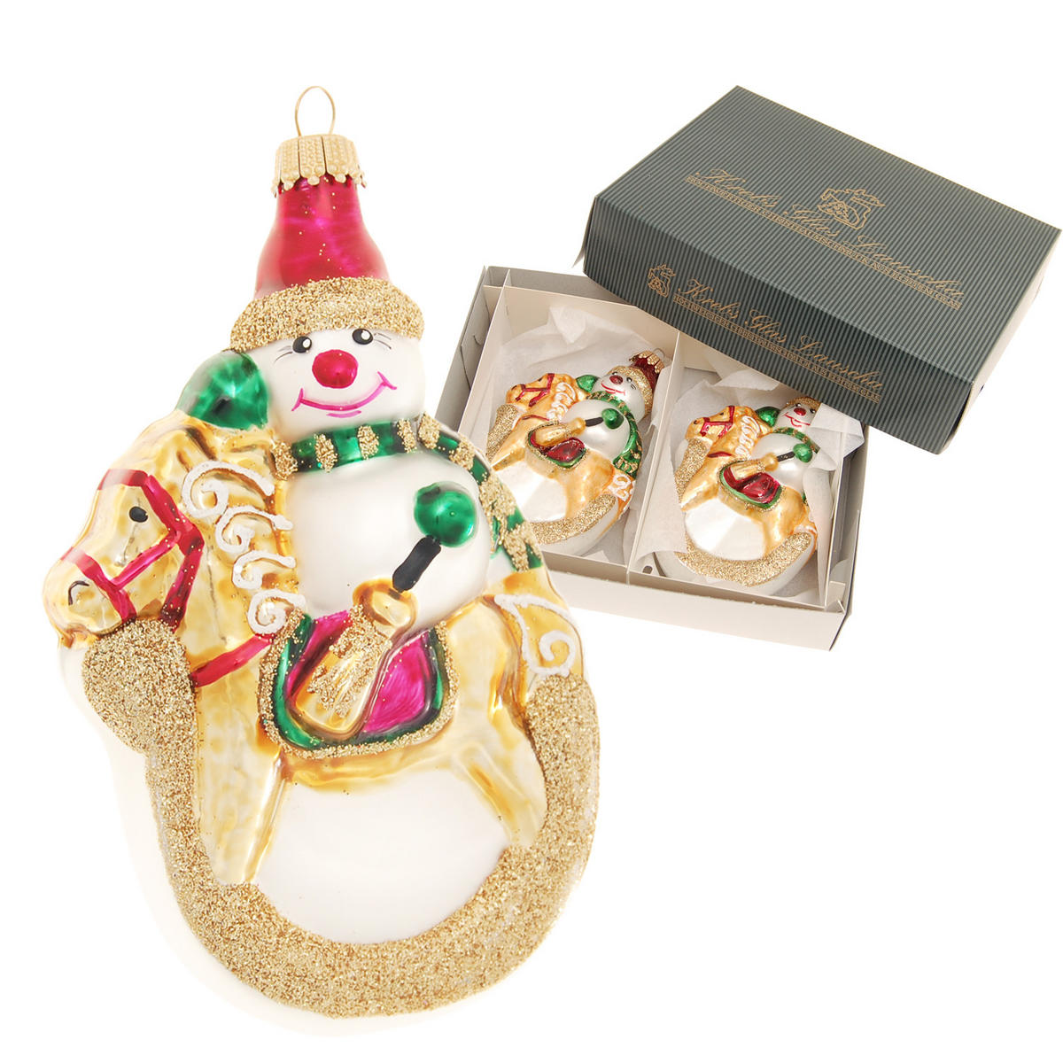 CHRISTBAUMSCHMUCK Schneemann Schaukelpferd Goldfarbig 13cm (Glas / 2 Stk.) - Goldfarben, Glas (7/13/4cm) - Krebs Glas Lauscha