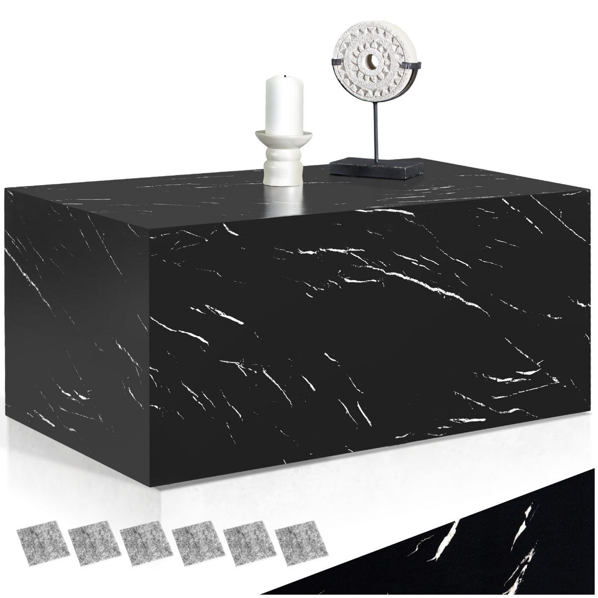 COUCHTISCH Lasley,inkl. Bodenschoner, Belastbarkeit 45 kg,Marmor Optik schwarz - Schwarz, Holz (50/90/40cm) - tectake