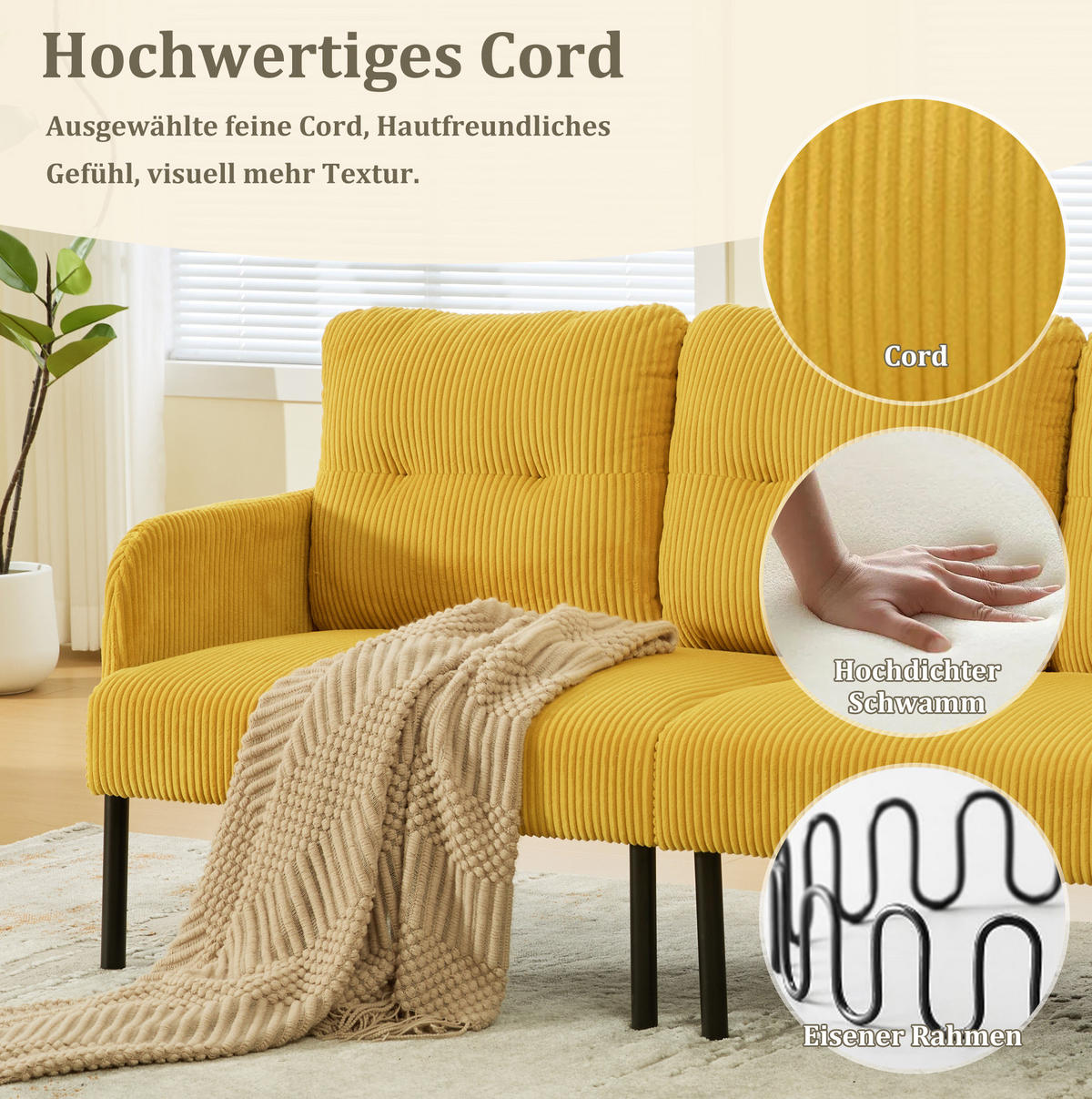 3-SITZER-SOFA 171/72/80 cm aus Cord mit Seitentasche Gelb - Gelb, Textil (72/80/171cm) - Modenvie