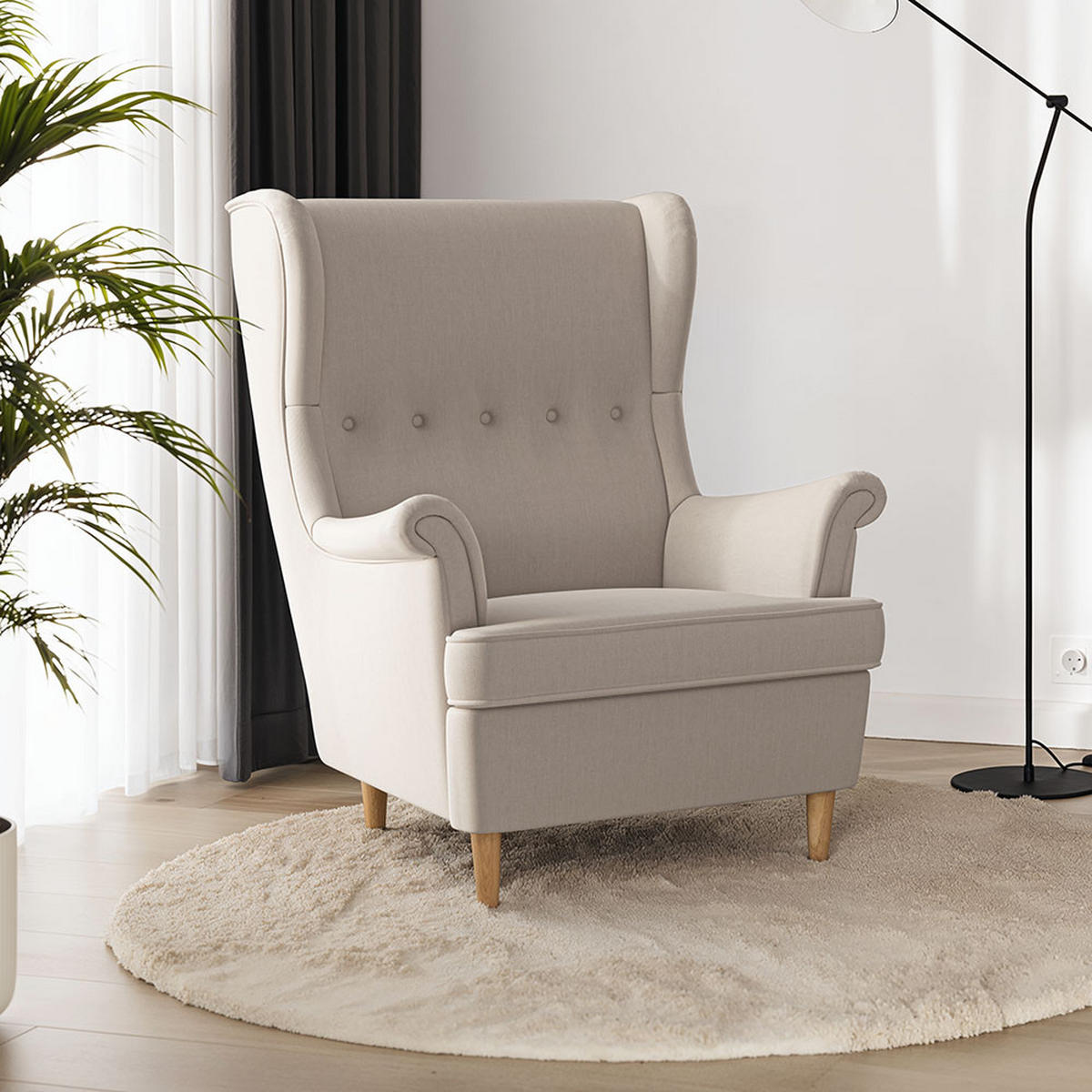 OHRENSESSEL Luno Beige klassisches Design Stoff ES-6 - Beige/Naturfarben, Holz/Textil (62/101/80cm) - Jana