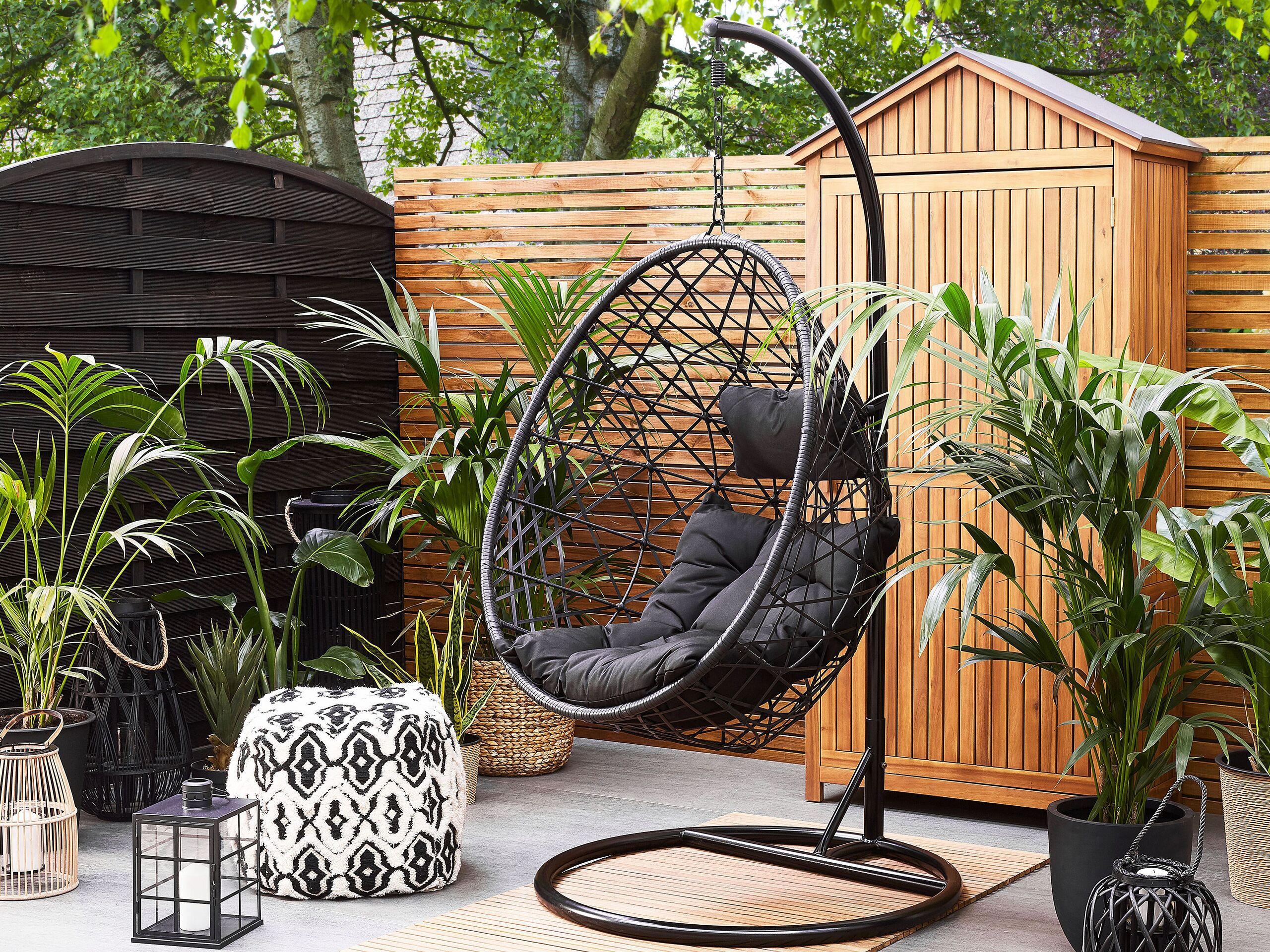 HÄNGESESSEL mit Gestell PE Rattan schwarz 96 cm Alatri - Schwarz, Kunststoff (96/200/96cm) - Beliani