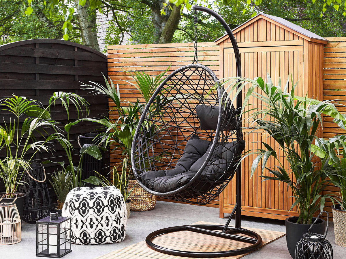HÄNGESESSEL mit Gestell PE Rattan schwarz 96 cm Alatri - Schwarz, Kunststoff (96/200/96cm) - Beliani