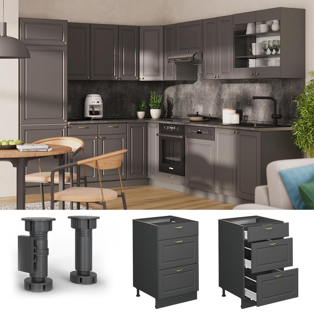 SPODNÍ SKŘÍŇKA KUCHYŇSKÉ LINKY Fame-Line Anthrazit-Gold Landhaus - antracitová, kompozitní dřevo (50/82/51.6cm) - Vicco