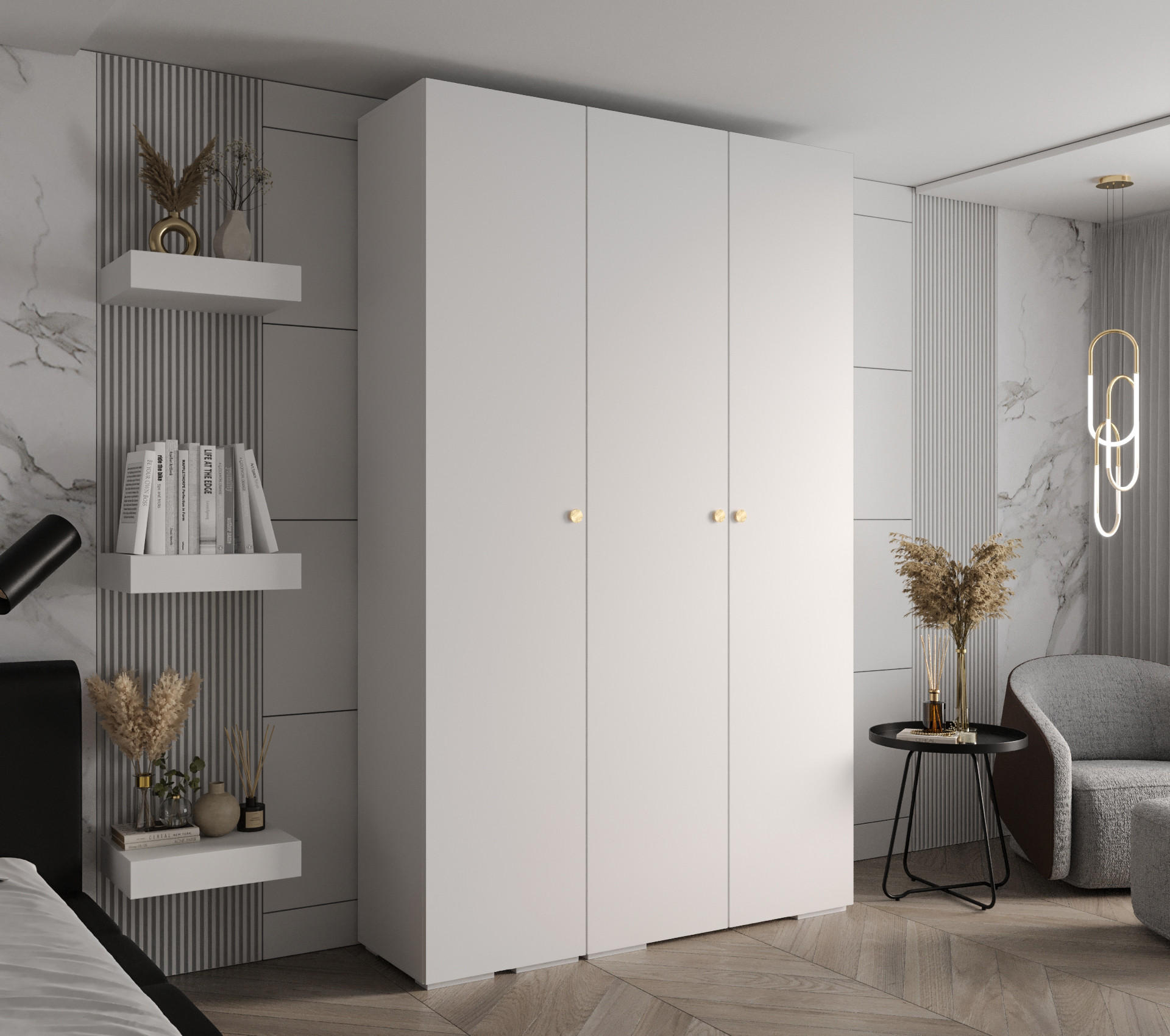 DREHTÜRENSCHRANK 236.7/150/47 3-türig - Goldfarben/Weiß, Holz/Metall (150/236.7/47cm) - Abiks Möbel