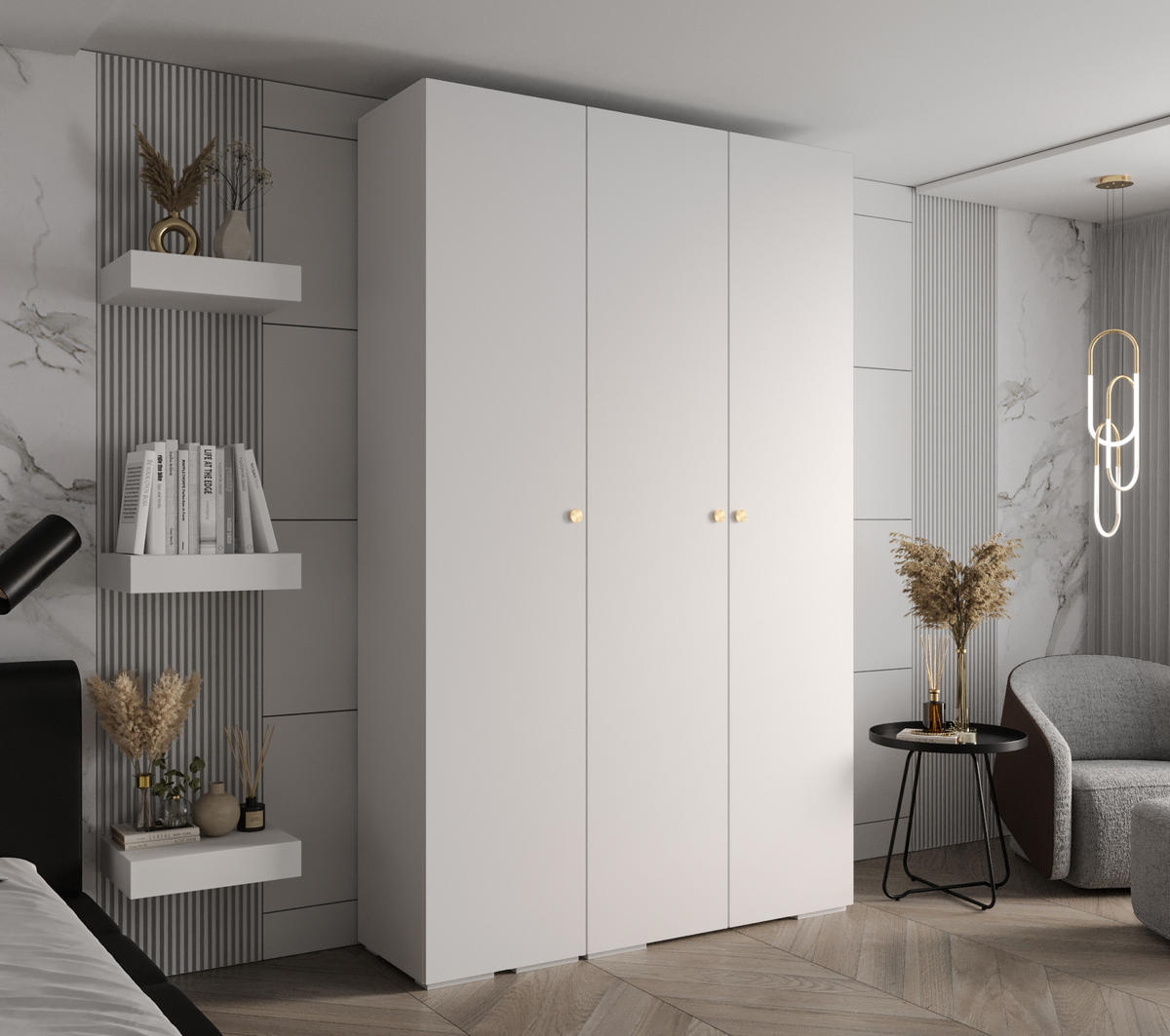 DREHTÜRENSCHRANK 236.7/150/47 3-türig - Goldfarben/Weiß, Holz/Metall (150/236.7/47cm) - Abiks Möbel