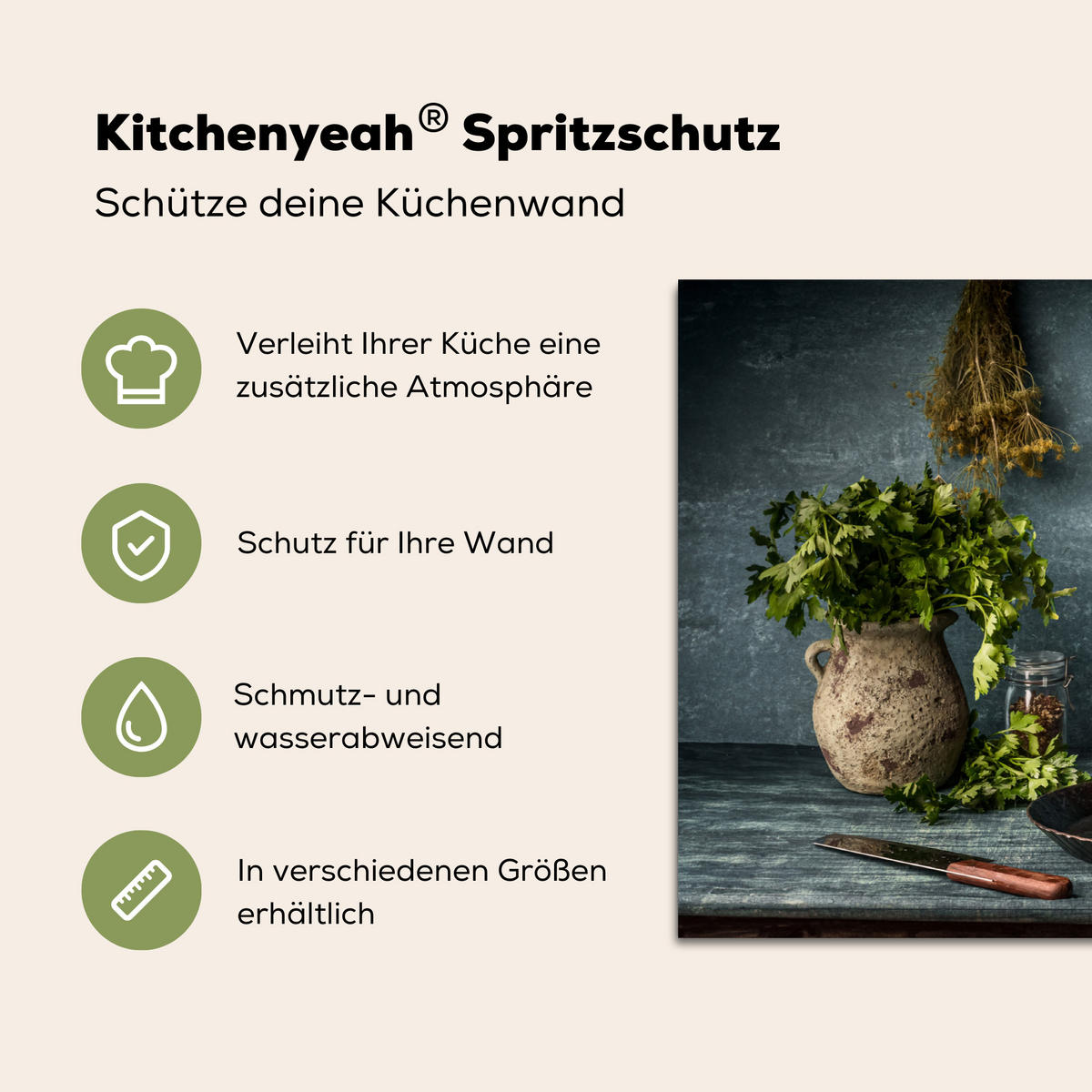 SPRITZSCHUTZ KÜCHE Kräuter - Gewürze - Pfanne - Messer - Grau - Rustikal 80x55 cm - Petrol, Metall (80/0.3/55cm) - MuchoWow