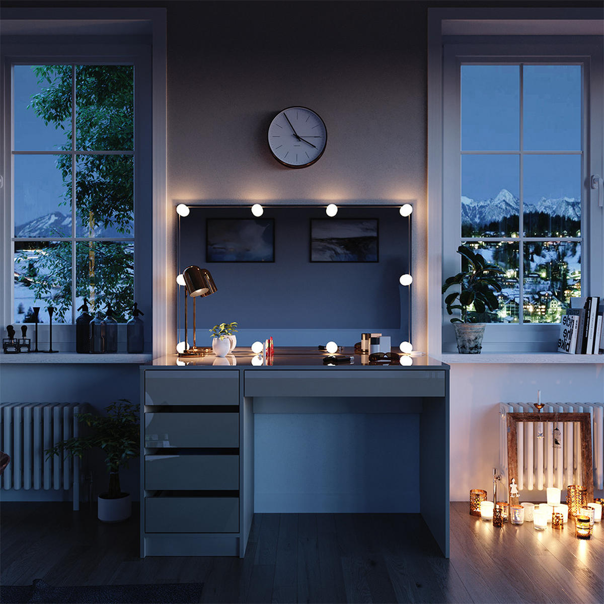 SCHMINKTISCH Sherry Greige 120 cm mit LED-Kette - Greige, Holzwerkstoff (120/75/55cm) - Vicco