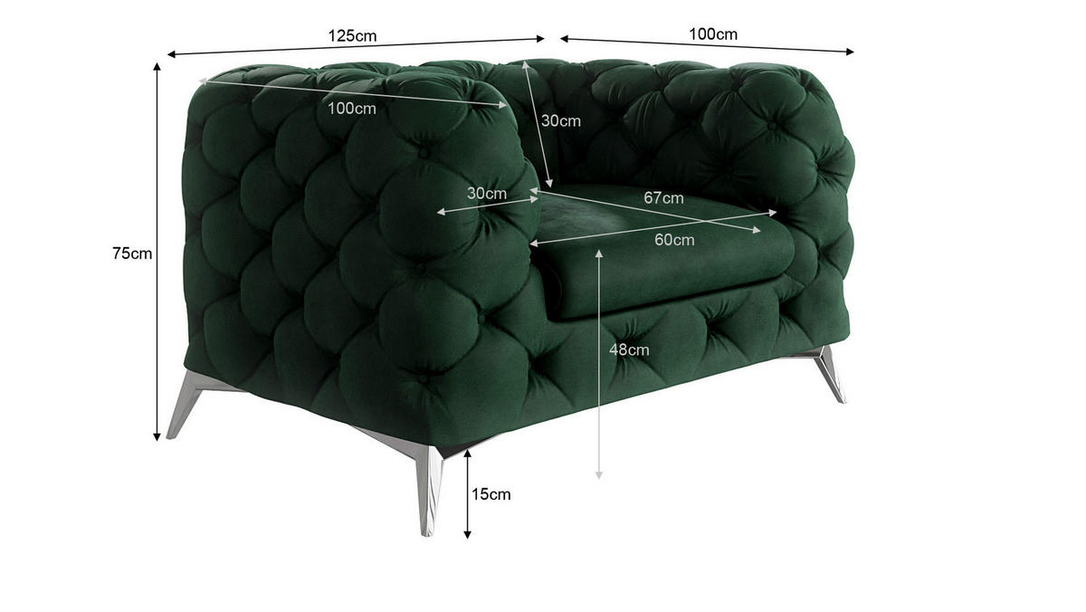 CHESTERFIELD-SESSEL Laura Flasche Grün Samt - Smaragdgrün/Silberfarben, Holz/Textil (125/75/100cm) - S-Style Möbel