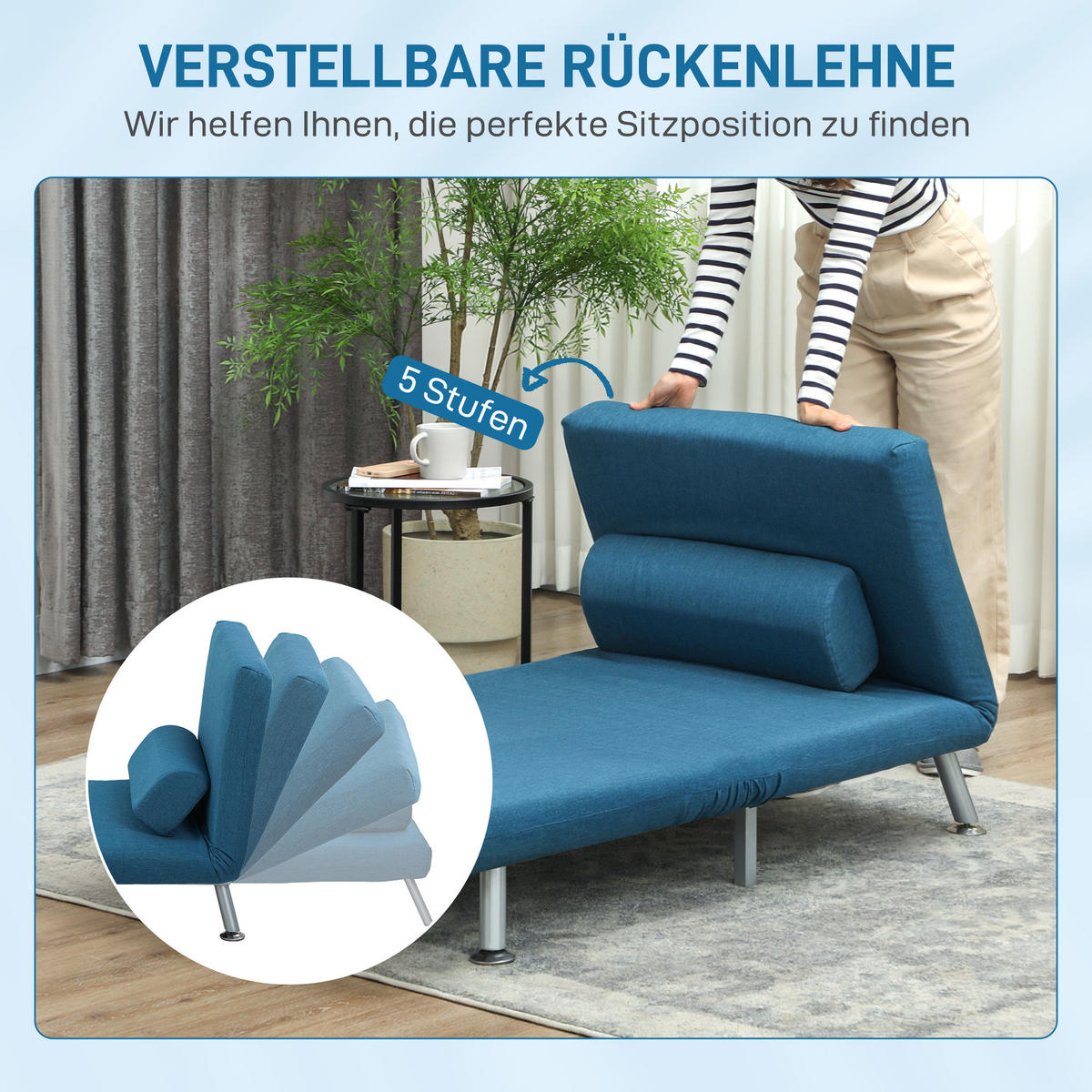 KLAPPBAR Schlafsessel Schlafsofa Klappmatratze Bett Gästebett Blau Sofa - Blau/Silberfarben, Textil/Metall (70/75/75cm) - HOMCOM