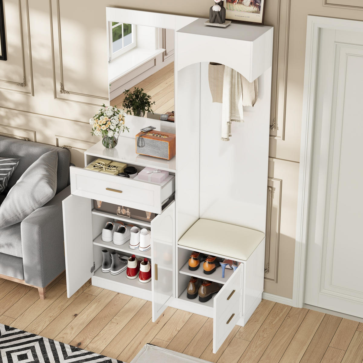GARDEROBE-SET in Weiß Garderobenschrank mit Spiegel und Schuhbank für Eingangsbereich und Flur, B110/T33/H185.5 cm - Weiß, Glas/Holzwerkstoff (111/185.5/33cm) - STILVORA