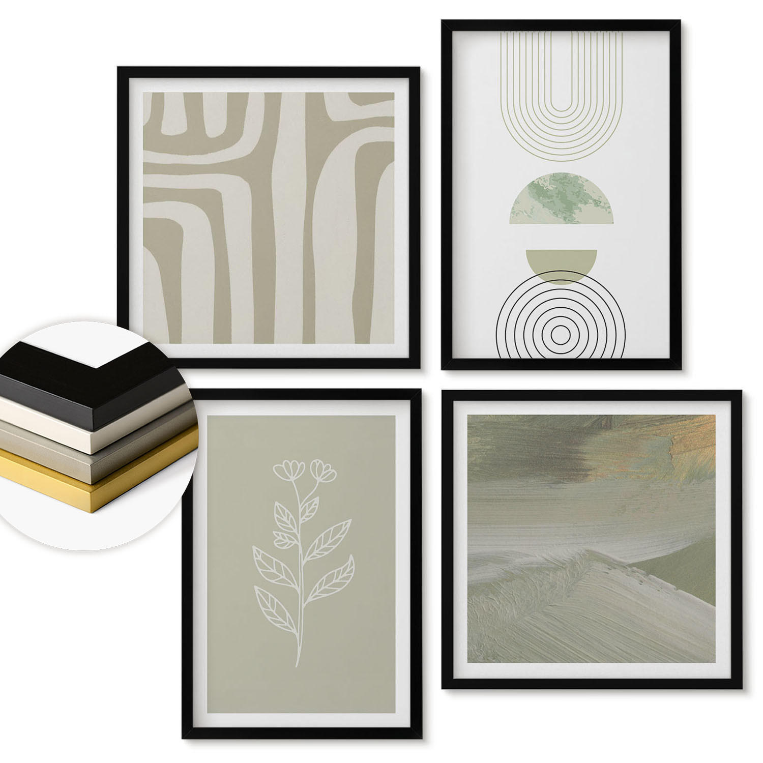 WANDBILDER 4er-Set - 50x50 cm & 40x60 cm Schwarzer Rahmen - Geometrische Pflanzenmuster - Schwarz, Kunststoff (50/50cm) - ArtPrintCave