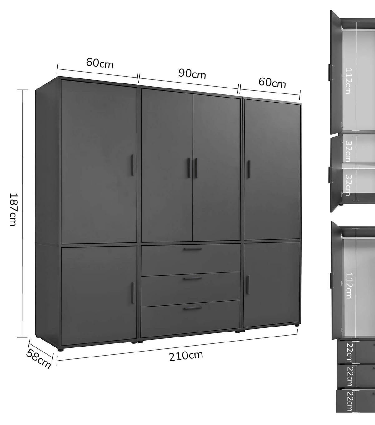 KLEIDERSCHRANK Der Grenzenlose - Anthrazit, Holzwerkstoff (210/187/58cm) - Mokebo